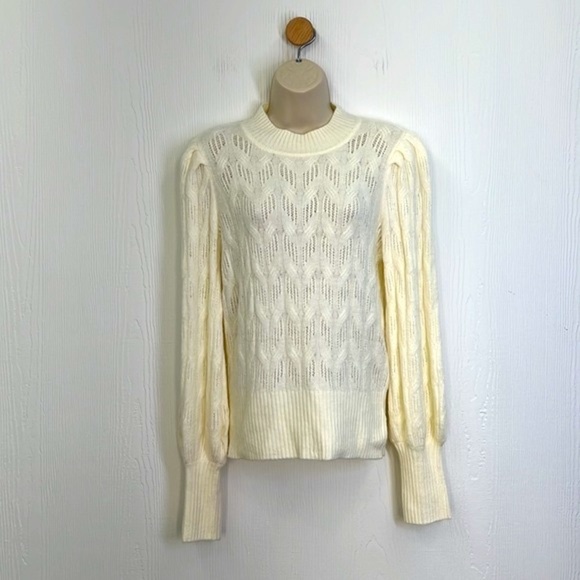 Express - NWT Ivory Knit Design With Puffy Sleeves Sweater Size Small - Picture 2 of 11